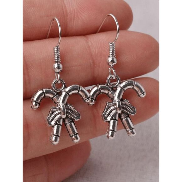 SILVER CHRISTMAS CANDY CANE BOW DANGLE EARRINGS - Picture 3 of 6